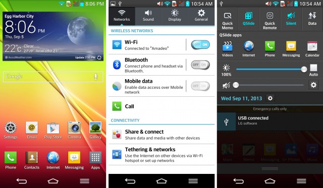 LG's homescreen, settings, and notification panel.