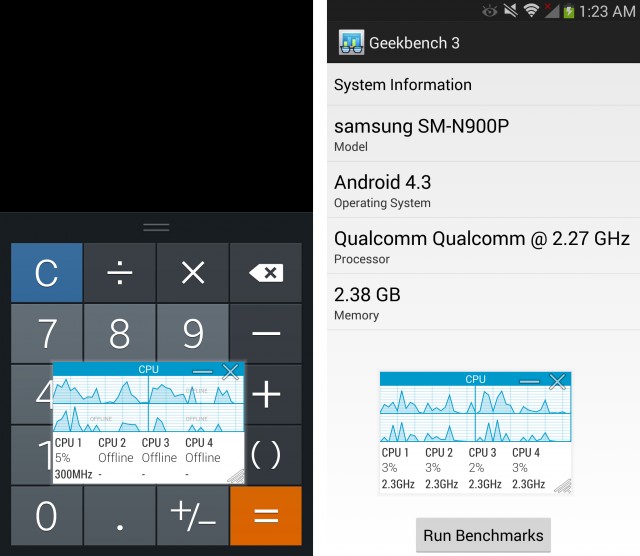 Left: The Note 3 idling normally, with 3 cores off. Right: The Note 3 in a benchmarking app, unable to idle.