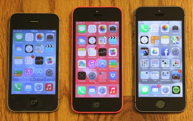This year's iPhone lineup: the iPhone 4S, iPhone 5C, and iPhone 5S.