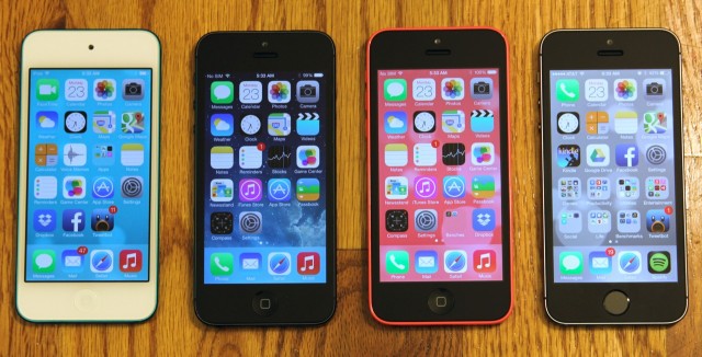 Four different devices, same panel quality. From left to right, the fifth-generation iPod touch, the iPhone 5, the iPhone 5C, and the iPhone 5S.