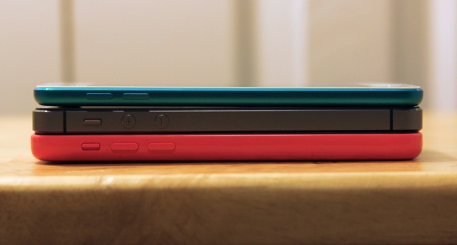Analogy time: The 0.35-inch thickness of the 5C (bottom) is to the 0.30-inch thickness of the 5S as the 5S is to the 0.24-inch thickness of the fifth-generation iPod touch (top).