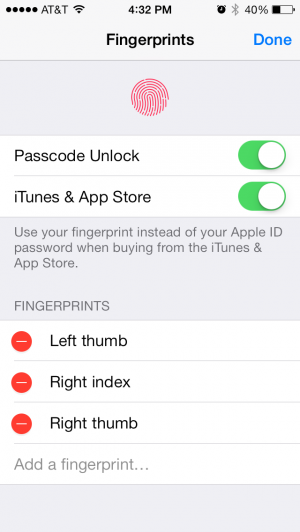 You can register up to five fingers with Touch ID. 