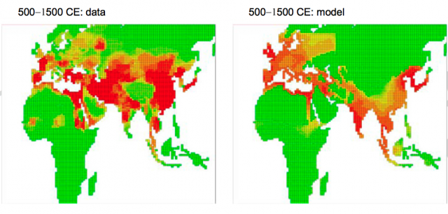 Red depicts a higher probability for the existence of a civilization. Green reflects lower. 