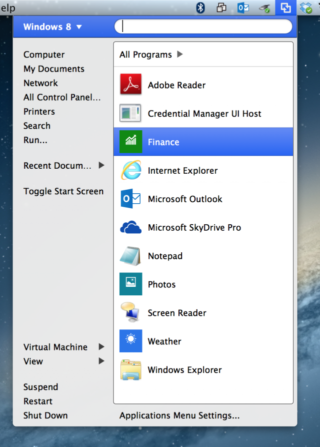 Almost like a Start menu, Fusion provides easy access to applications within virtual machines from the Mac's menu bar.