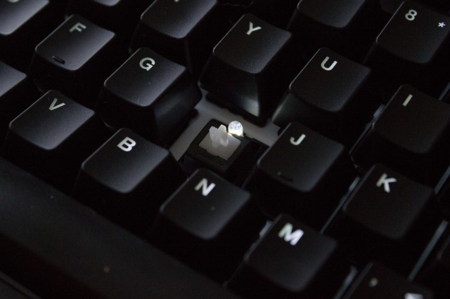 One of the Cherry MX Clear switches, accompanied by the individual backlight bulb for the key. 