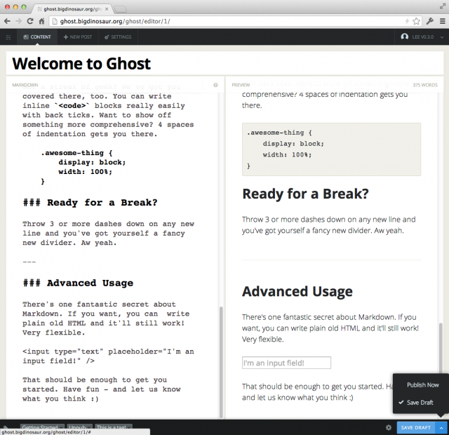 Ghost's post editing window, showing a live preview of what you're typing.