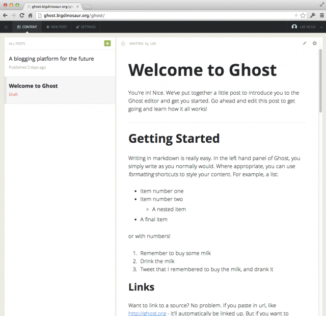 Ghost's main window, showing posts on the left and a preview on the right. The two-pane layout extends to editing, too.