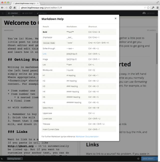 Ghost's built-in Markdown cheat sheet.