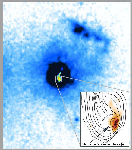 Radio images of the galaxy 4C12.50, showing the central region where powerful jets from the central black hole are pushing gas into the outer parts of the galaxy.