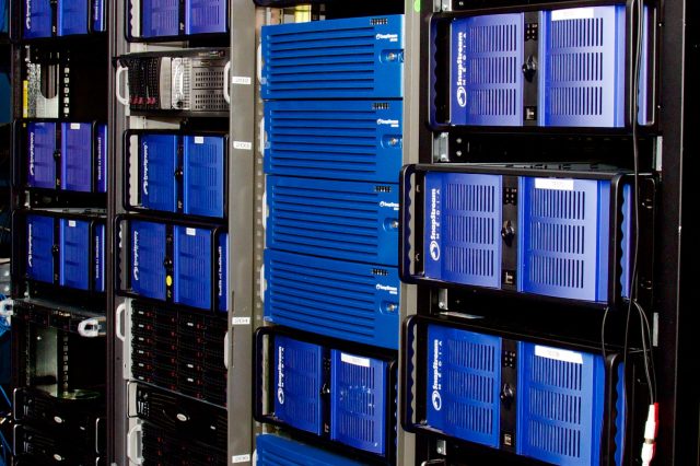 A peek into SnapStream's lab at their Houston office, showing racks of SnapStream Enterprise Servers and disks.