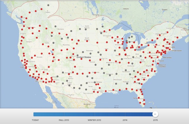 By 2015, Tesla Motors expects to have built enough Supercharger stations to enable its electric vehicles to drive between all major US cities, coast-to-coast.
