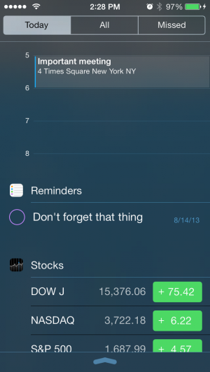 The Today View presents calendar appointments, reminders, and stock information (if you keep it all enabled).