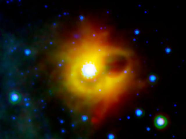 Infrared image of dust swathing a magnetized pulsar—a magnetar—known as SGR 1900+14.