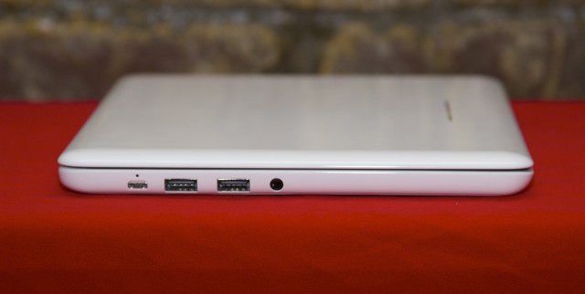 Only two USB 2.0 ports and a headphone jack on this one, plus a micro USB port for charging and video output via SlimPort. Previous Chromebooks have featured SD card readers and more common video-out ports, so this is a regression.
