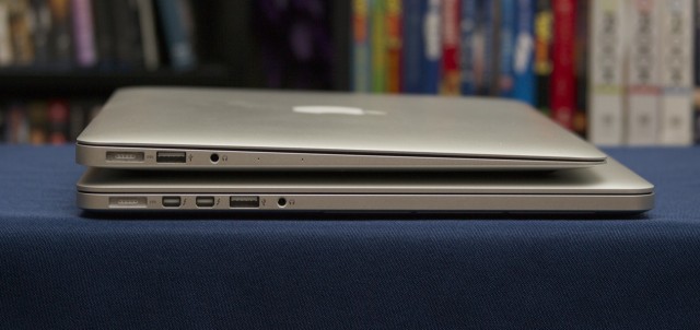 The MacBook Air (top) and the Pro are about the same thickness at their thickest point, but the Air tapers off, while the Pro is 0.71 inches thick throughout.