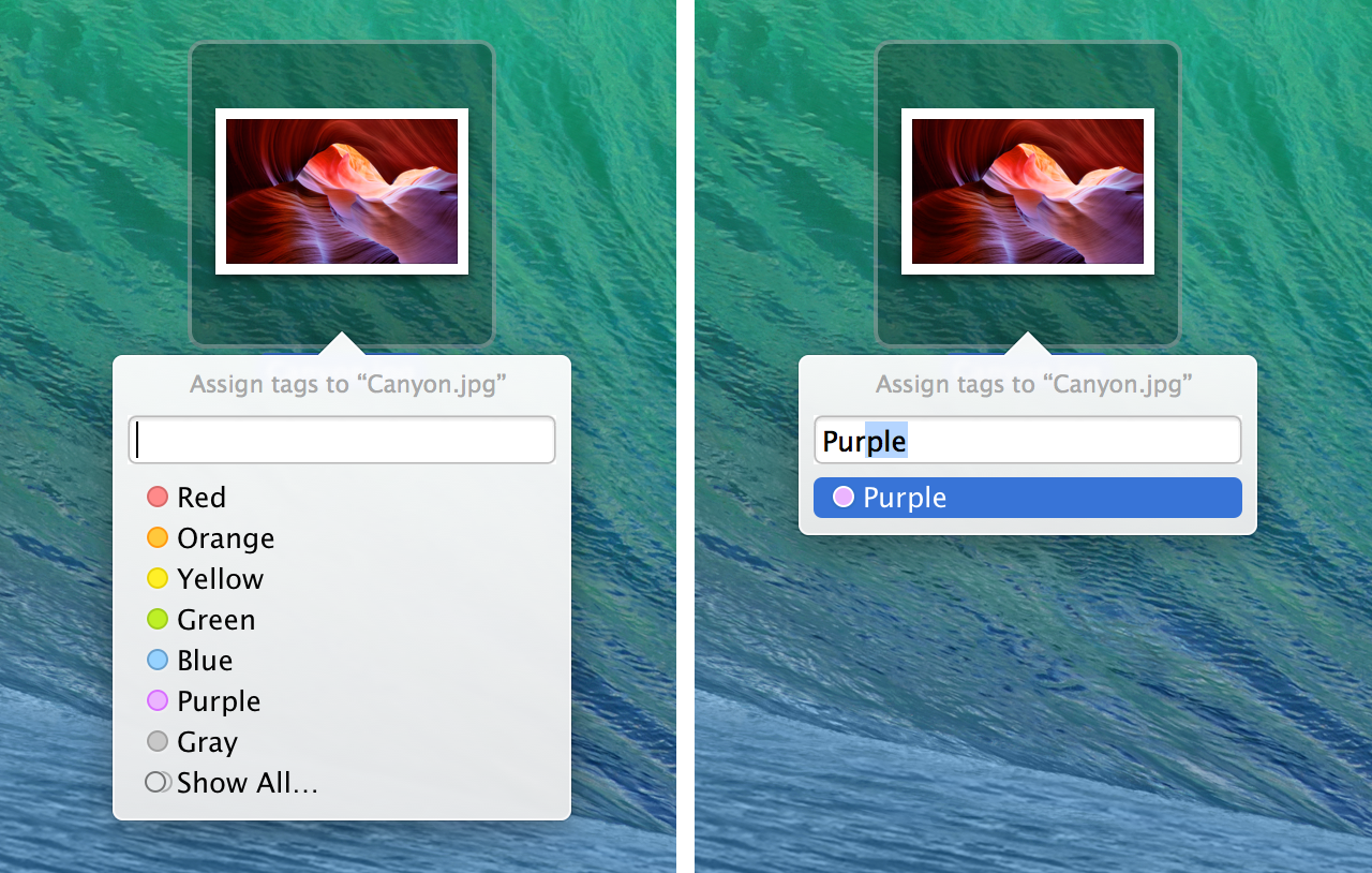 The Finder Tags popover: add an existing Tag by clicking on it or typing its name.