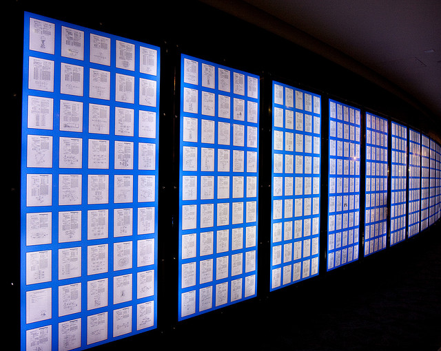 Qualcomm displays some of its patents on a wall in its headquarters in San Diego, California.