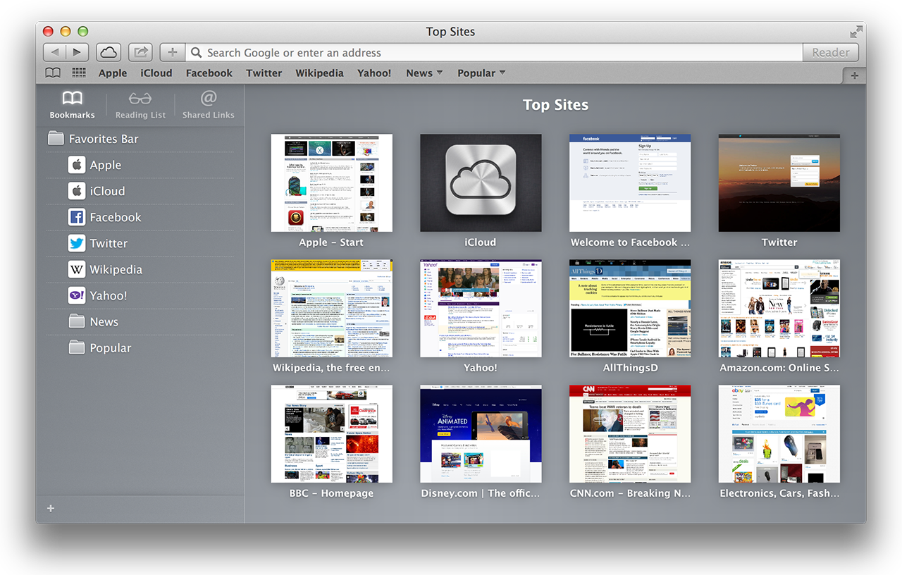 Safari’s new sidebar and less flamboyant Top Sites layout.