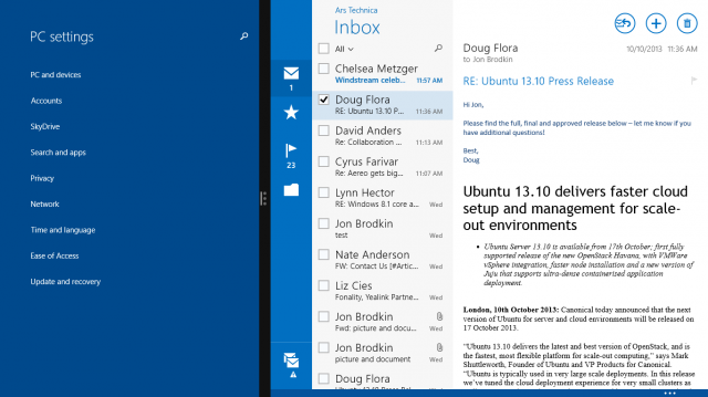 With the PC settings app on the left, Mail resizes itself to fit a smaller view.