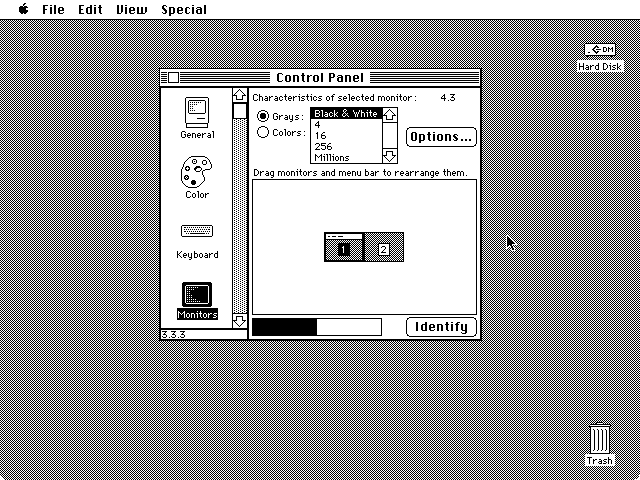 The System 6 Monitors control panel: built-in support for multiple displays in 1988.