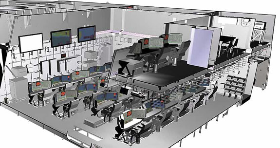 A digital illustration of how the Zumwalt's operations center will look, complete with its second-level suite for hosting operations for air detachments and other units deployed aboard.