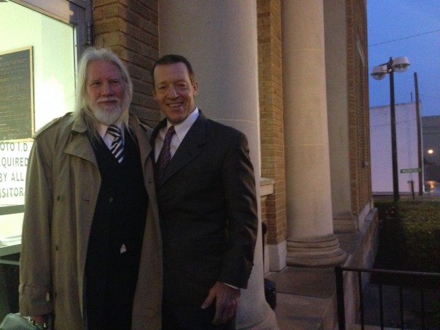 Whitfield Diffie and Newegg lawyer Alan Albright, outside the federal courthouse in Marshall, Texas.