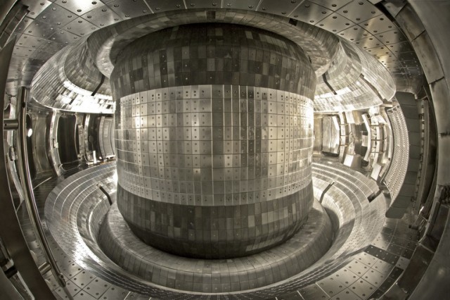 The interior of the donut-shaped Experimental Advanced Superconducting Tokamak (EAST). Hydrogen plasma is confined in this chamber by strong magnetic fields, where it fuses into heavier nuclei.