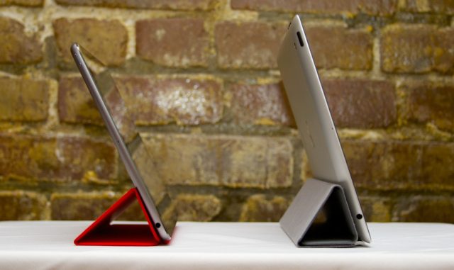 The new Smart Cover tilts the iPad Air (left) back a little more than the old one did.