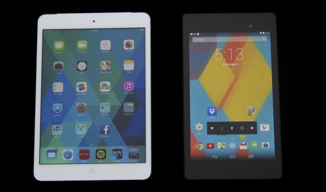 The Retina mini (left) and the 2013 Nexus 7 (right) have near-identical pixel densities and great screens. Because its LCD and glass layers are fused, color and contrast "pop" just a bit more on the Nexus, but the mini has more screen real estate to offer.