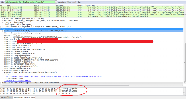 Data packets show an LG smart TV sending the name of a video file to an IP address owned by the manufacturer. 