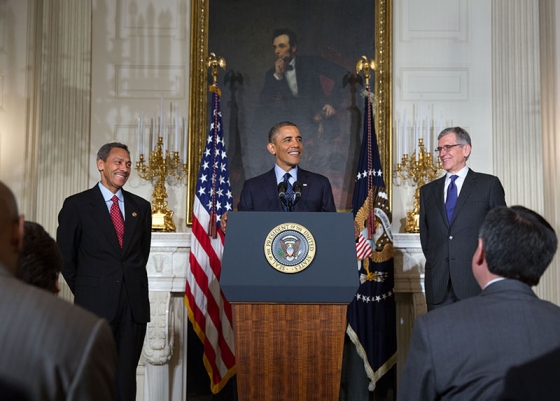 President Obama announces the nomination of Rep. Melvin Watt, left, as director of the Federal Housing Finance Agency (FHFA) and Tom Wheeler, right, as Chairman of the Federal Communications Commission (FCC), on May 1, 2013.