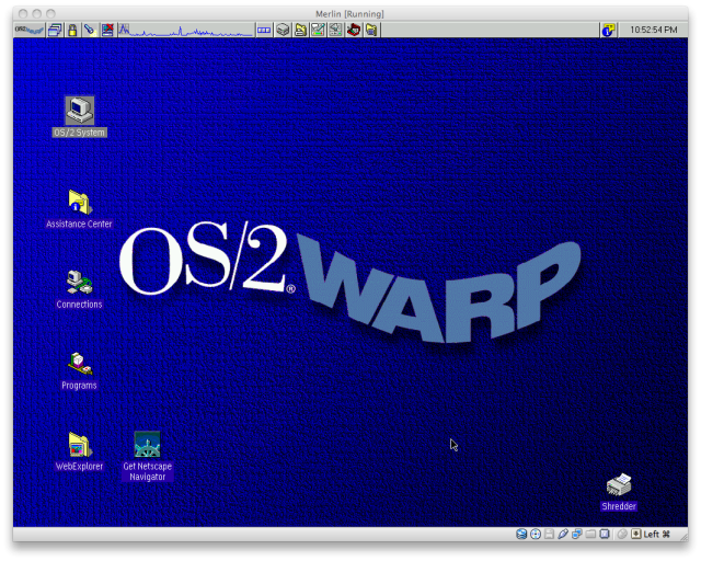 The final major IBM release of OS/2, Warp version 4.0, as seen running in an emulator.