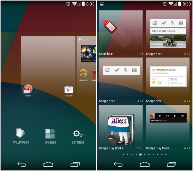 Left: The screen that pops up when the home screen is long pressed. Right: The widget drawer. 