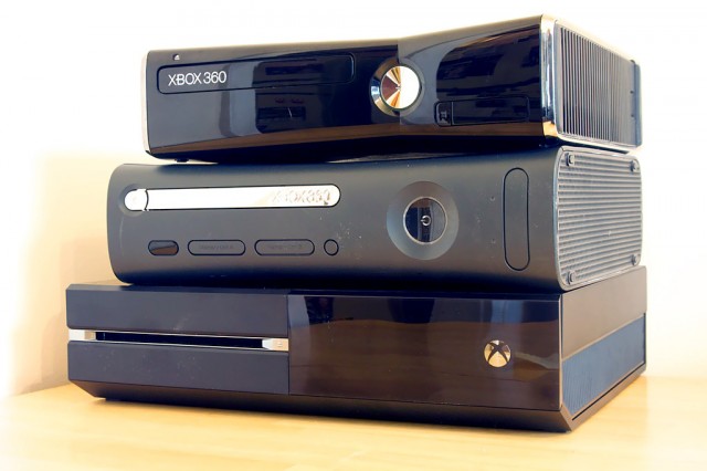 Top to bottom: Xbox 360 S, Xbox 360 Elite, and the Xbox One.