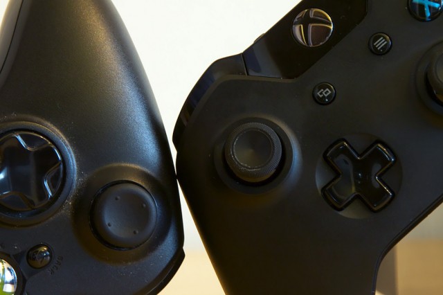 Besides the different texture, the Xbox One analog sticks (right) are a tad smaller than those on the Xbox 360 controller.