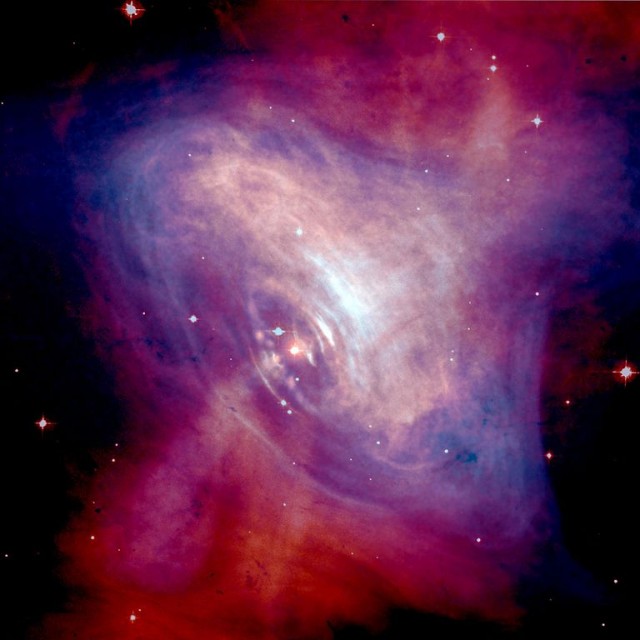 This composite optical and X-ray image shows matter swirling around the neutron star at the heart of the Crab Nebula. A new model suggests that neutron star surfaces may be cooled by neutrino emission.