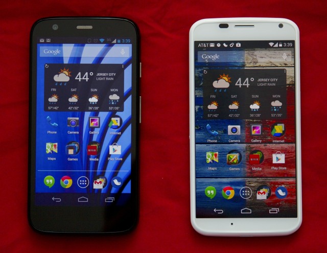 The Moto G (left) is a low-budget relative of the Moto X (right).