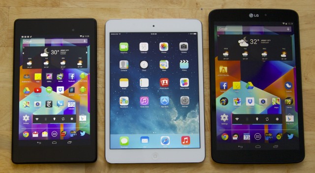 The 2013 Nexus 7, the Retina iPad mini, and the G Pad 8.3. The G Pad is a little narrower and a littler taller than the iPad, but the two are otherwise comparable in size and weight.