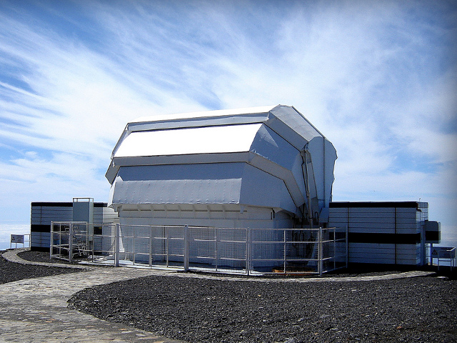 The dome containing the 2-meter robotic Liverpool Telescope. This instrument can track minute-by-minute changes in the polarization of light emitted in gamma-ray bursts, the violent deaths of massive stars.