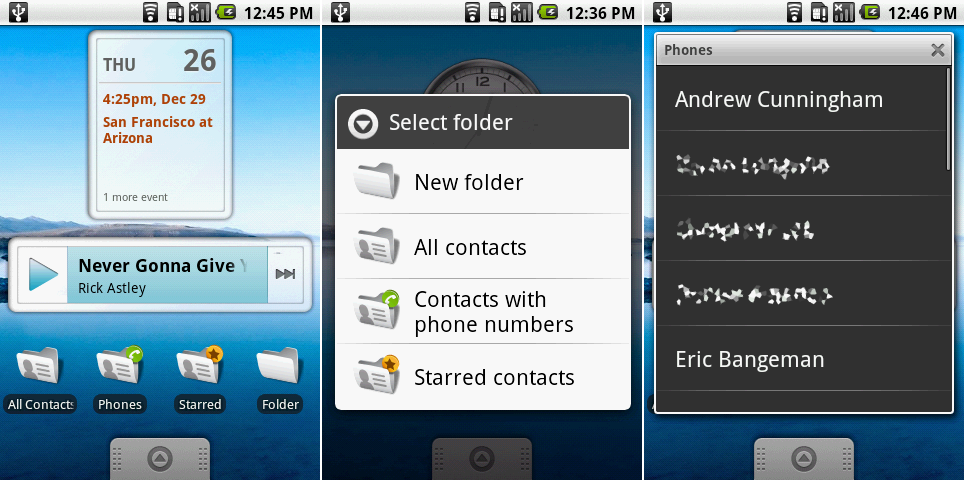 Left: a screenshot of the calendar widget, music widget, and a row of live folders. Center: the folder list. Right: an open view of the “contacts with phone numbers" live folder.