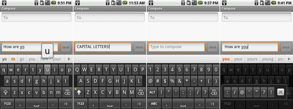 Android 1.5’s on-screen keyboard showing the suggestion bar while typing, the capital letters keyboard, the number and symbols screen, and an additional key popup.