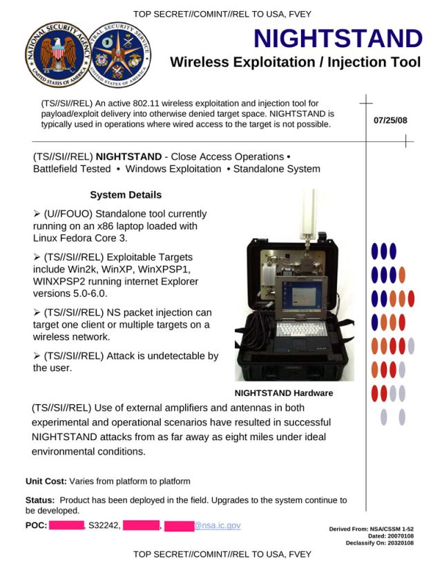 According to the ANT catalog, the NIGHTSTAND Wi-FI exploit system's attack is "undetectable by the user."