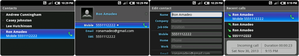 The contacts list, an individual contact, editing a contact, and the recent calls screen.