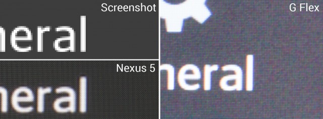 The solid gray input image (top left), the output on the Nexus 5 display (bottom left), and the output on the G Flex display (right). 