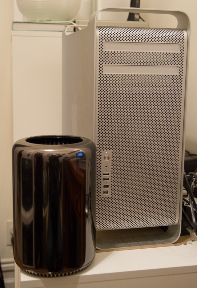 Next to the old Mac Pro case. The top lip of the new Mac Pro makes a very good handle for carrying it, and it's a hell of a lot lighter than old Stonehenge here.
