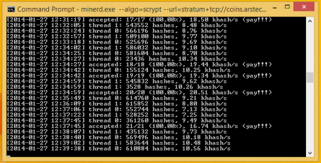 CPUminer cheerfully churns away, discovering a few blocks in the process.