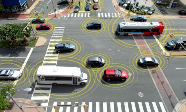 An artist's conception of vehicle-to-vehicle communications in action—every car, bus, and truck reporting where it is, where it's going, and how fast it's moving.