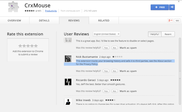 Customers complain about activity tracking in CRXMouse on Chrome, a particularly invasive add-on. 