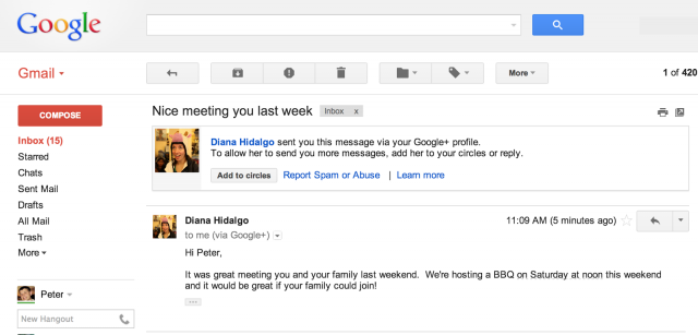 How the Google+ e-mails will appear in Gmail. 