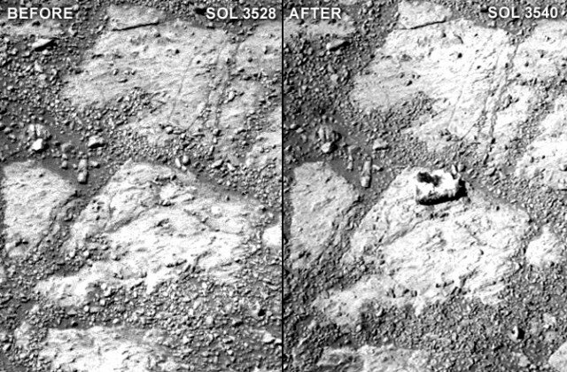 The same patch of Martian landscape, imaged 12 Martian days apart.